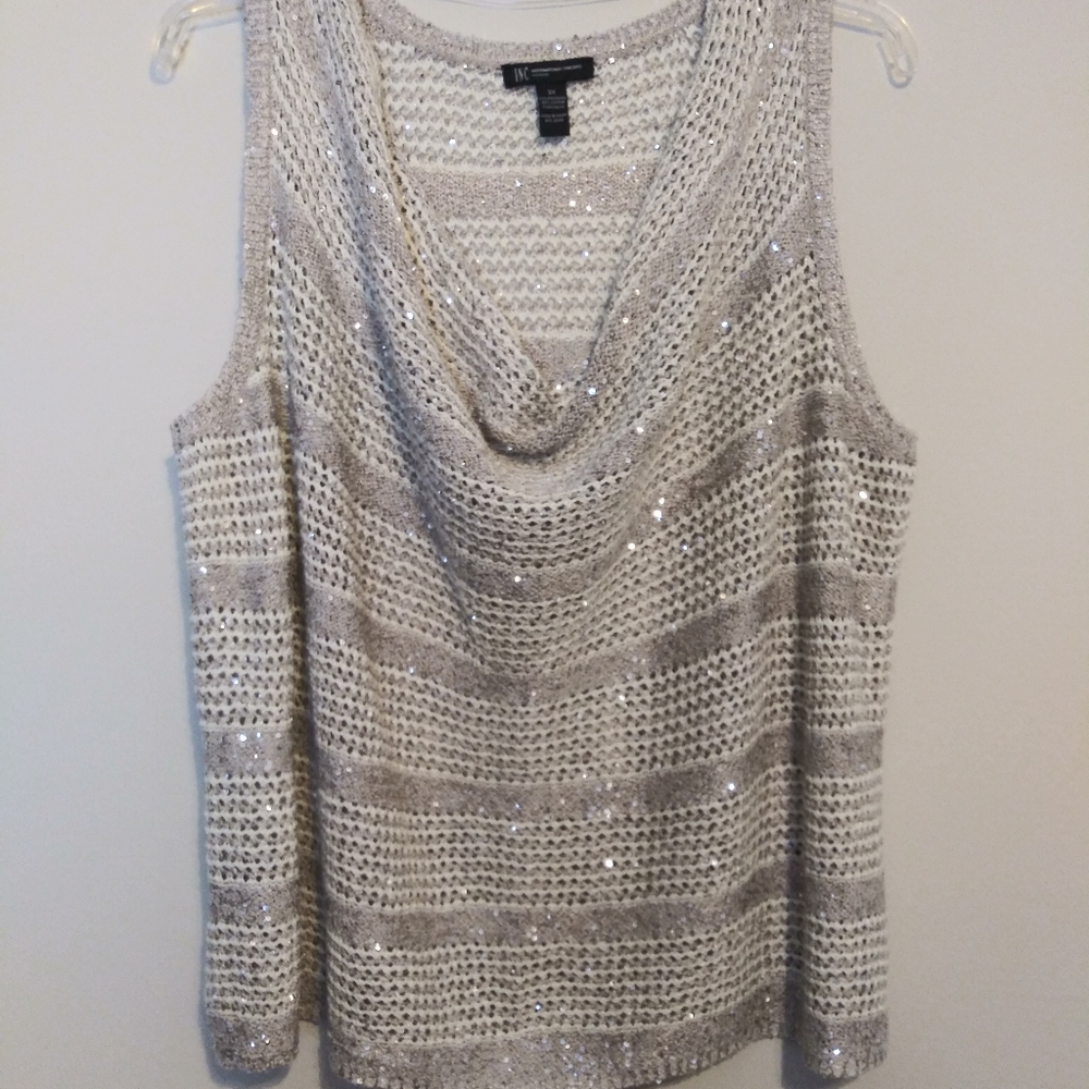 INC beige and white sequin sweater top